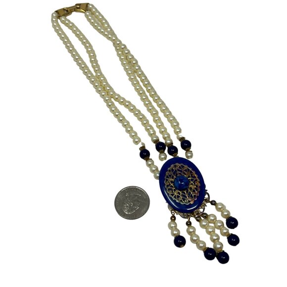 Handmade Statement Necklace Faux Pearl Blue Pendant Gold Tone Accents - Picture 8 of 10